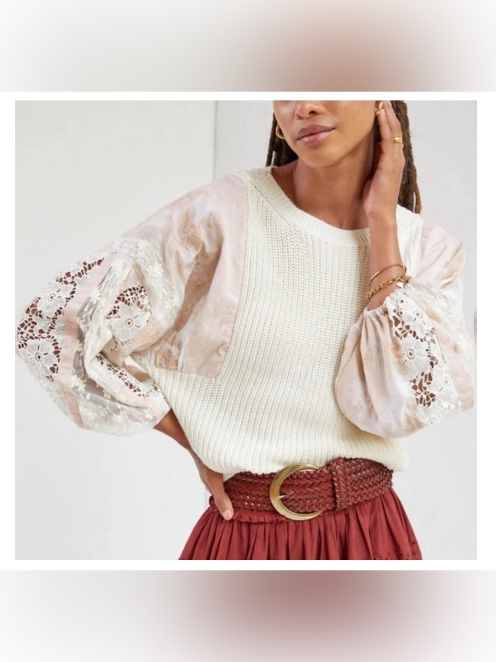 Pilcro Anthropologie Martine Peasant Sweater Patchwork lace Sleeves Knit XS - Picture 1 of 7